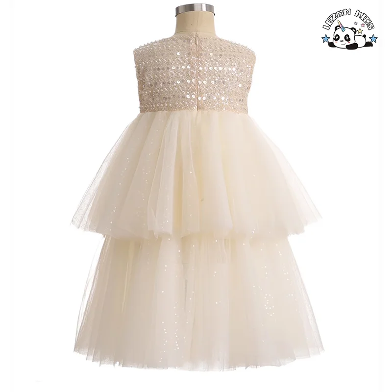 LEZONKIDS - Novo em 2024 Crianças sem Manga Camada Tulle Vestido de Renda  Festa  Tutu Vestido para 2-8T